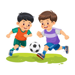 Little cute kids playing football or soccer on grassy surfaces and having fun