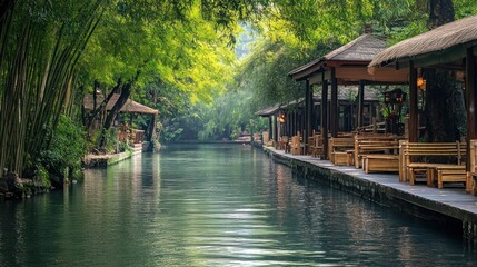 Serene Canal with Lush Greenery and Traditional Pavilions