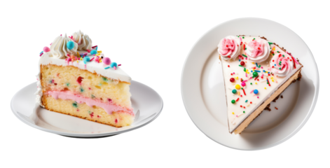 Delicious plate of slice of birthday cake ,side and top view, isolated on a transparent background ,PNG