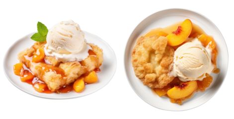 Delicious plate of peach cobbler and vanilla ice cream ,side and top view, isolated on a transparent background ,PNG