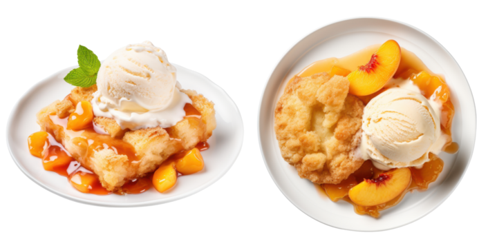 Delicious plate of peach cobbler and vanilla ice cream ,side and top view, isolated on a transparent background ,PNG