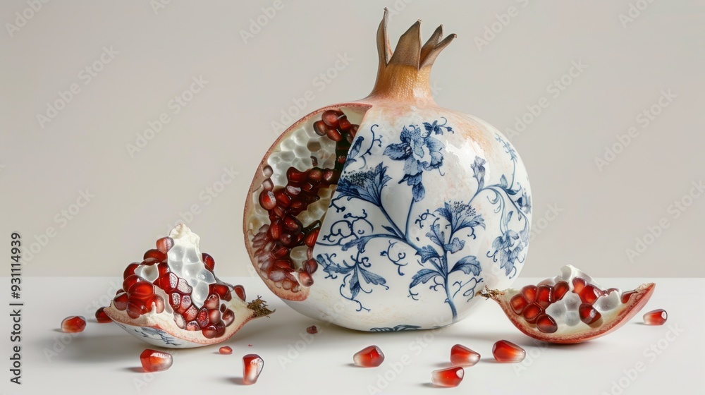 Canvas Prints a whole and halved pomegranate with blue floral design, with some seeds scattered around.