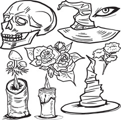 Set line art drawing clipart halloween holiday party invitation. Witch minimalistic items icons bird skull witch magic book sword rose flower Gothic stickers design elements on occult scary theme