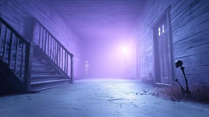 Fototapeta premium An interactive 3D model of a haunted house, allowing viewers to explore its rooms and hidden surprises, such as ghosts, skeletons, and spooky decorations, creating an immersive exp