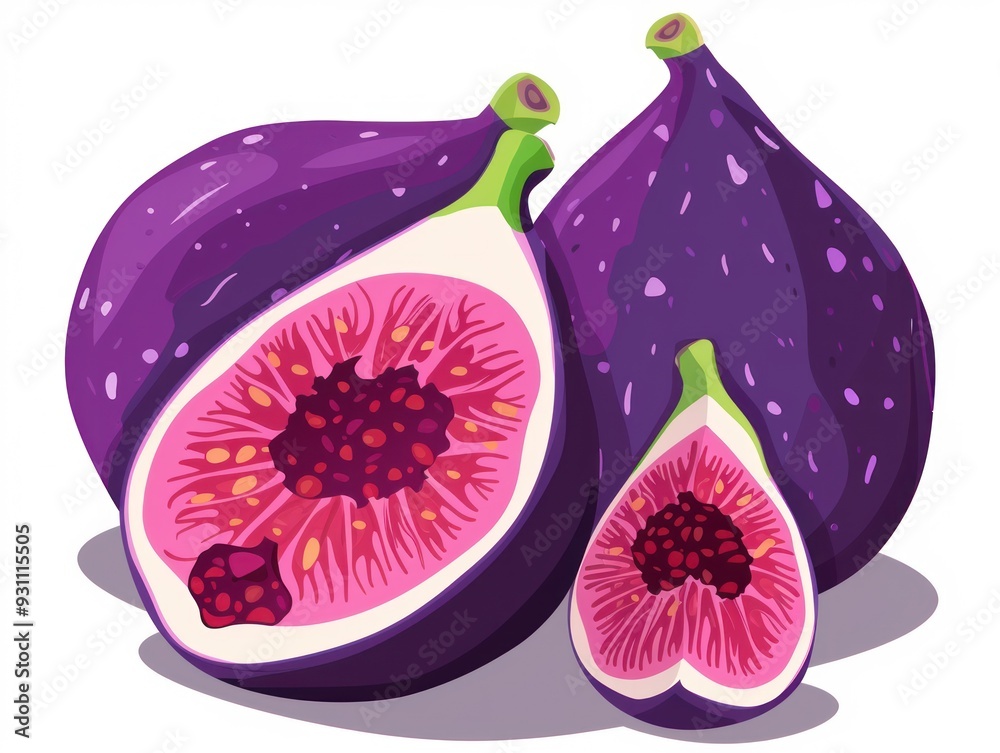 Sticker Fresh ripe figs with half sliced open, isolated on white background.