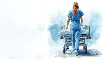 Blue watercolor painting of a nurse with gurney stretcher bed