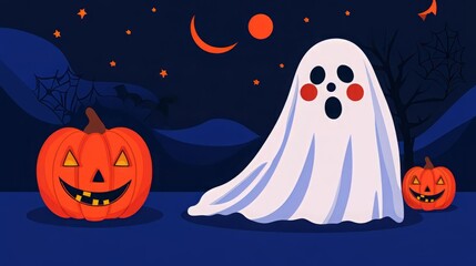 A playful Halloween scene featuring a ghost and carved pumpkins under a starry night sky, perfect for festive decorations.