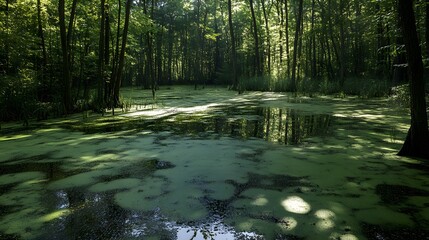 13. A serene yet foreboding swamp with toxic algae covering the water surface