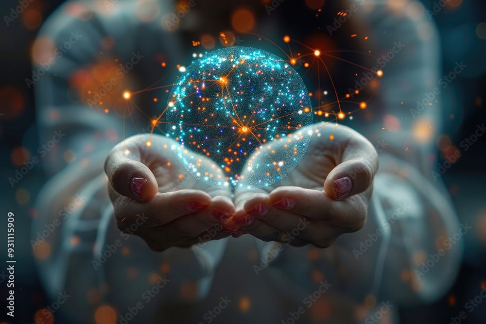 Poster a woman holds a global network connection in her hand. wireless communication technology, internet c