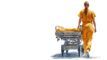 Yellow watercolor painting of a nurse with gurney stretcher bed