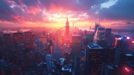 Obraz premium Illustrate a bustling cityscape at sunset with tow 734 city, skyline, night, cityscape, sky, sunset, building, skyscraper, buildings, urban, downtown, view, business, new york, architecture, manhatta