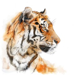 Obraz premium Watercolor illustration of a tiger's head in profile, with detailed fur and stripes.