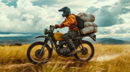 Fototapeta premium A rider on a motorcycle carrying vital medical supplies, racing through rural areas to reach remote communities Motorcycle Supply Ride, Medical supply delivery