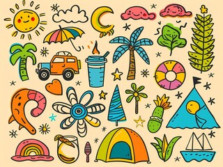 AI-Generated image of A colorful drawing of various objects and symbols, including a car, a cup