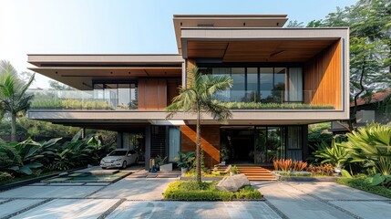 An Indian modern house with a car park, a concrete and timber clad facade in front of the villa yard with a big terrace on the first floor, a minimal architecture design, tropical garden environment.
