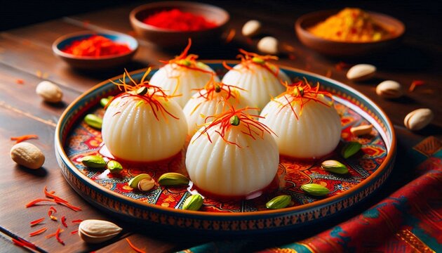 Rasgulla with pistachio and kaser dry fruits