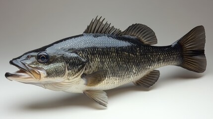 Fototapeta premium Side view of a dark and sleek black bass isolated 481 fish, isolated, food, fresh, white, animal, raw, fishing, carp, seafood, bream, fin, sea, healthy, tail, catch, silver, crucian, nature, trout, 