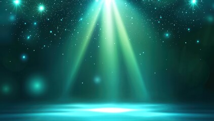 Light blue and green gradient background, glowing light effects, stars and halos