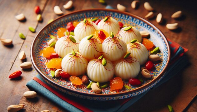 Rasgulla with pistachio and kaser dry fruits