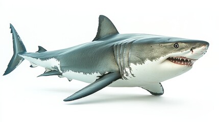 Obraz premium Side view of a sleek great white shark isolated on 071 shark, fish, underwater, sea, ocean, water, reef, animal, blue, grey, predator, marine, swimming, dolphin, white, fin, danger, sharks, diving, t