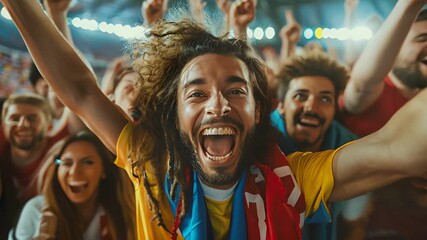 Joyful fans celebrating a victory at a stadium, expressing excitement and unity during a live sports event.