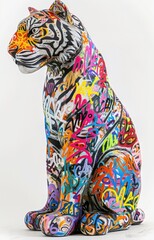 Colorful tiger statue covered in vibrant graffiti art.