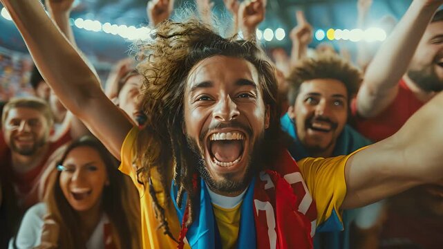 Joyful fans celebrating a victory at a stadium, expressing excitement and unity during a live sports event.
