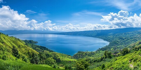 Fototapeta premium View of Lake Toba and beautiful green hills located in Samosir Regency Natural view of the lake from the top of the hill Beautiful nature