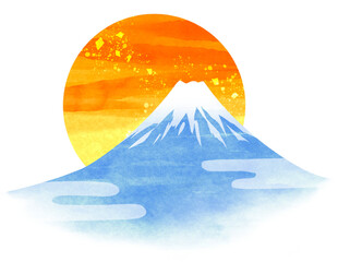 水彩風に描いた富士山と日の出の和風イラスト