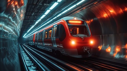 Naklejka premium Commuter train emerging from a tunnel, seamlessly transitioning from underground transport to an urban station Commuter Tunnels Transport, Urban station link