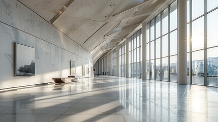 Naklejka premium A luxury large art gallery with large glass slanted windows, beautiful architecture, large neutral walls. Generative AI.