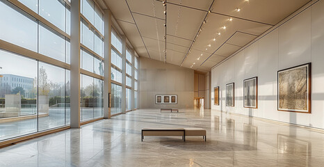 A luxury large art gallery with large glass slanted windows, beautiful architecture, large neutral walls. Generative AI.