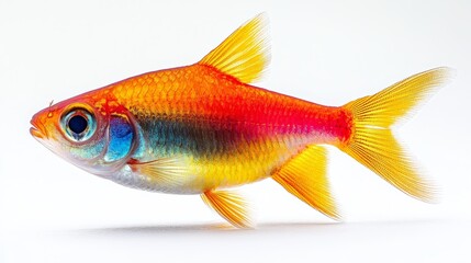 Obraz premium Side view of a vibrant neon tetra isolated on a wh 483 fish, goldfish, gold, isolated, aquarium, animal, water, pet, white, orange, underwater, nature, fin, swim, bowl, pets, tank, aquatic, tail, gol