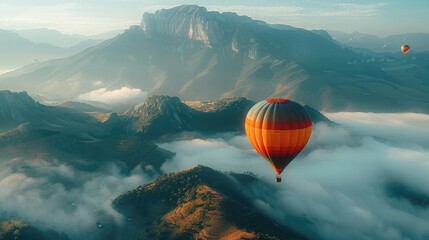 A hot air balloon floating over mountain ranges with light morning fog. The colorful balloon contrasts with the mountains and mist. Generative AI.
