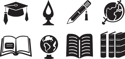  A simple vector icon set of education and school symbols, including a book, pencil, graduation cap, and globe