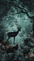 A lone deer stands on a rocky outcrop in a shadowy forest, surrounded by foliage and a butterfly.