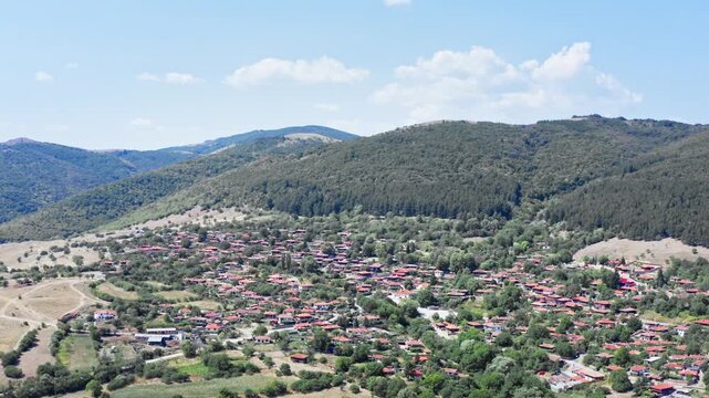 Zheravna Balkan mountain architectural reserve village Bulgaria, Drone shot