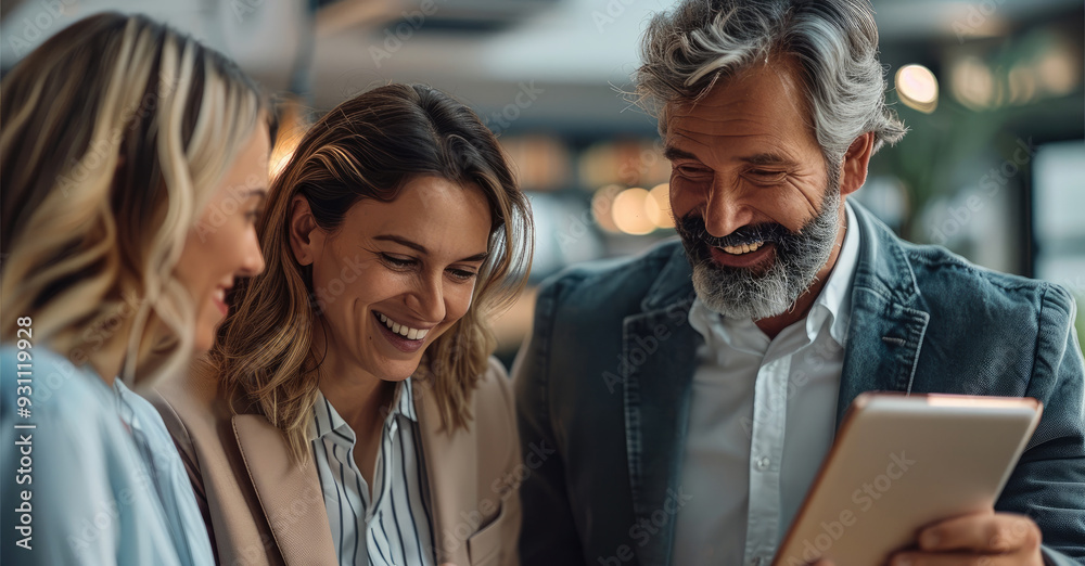 Poster A real estate professional sharing property insights on a digital tablet with smiling clients in a comfortable office setting, portraying collaboration and successful transactions. Generative AI.