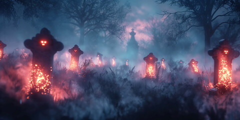 Fototapeta premium A cinematic Halloween background showing a spooky graveyard with fog creating an eerie atmosphere.