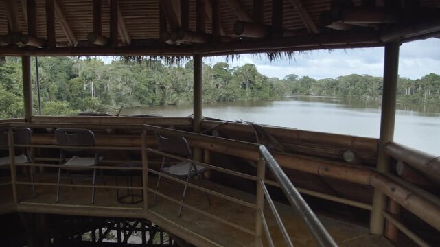 Observation deck of an eco lodge to see the lake and all animals of the rainforest