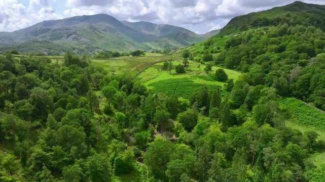 Above forested hills with mountains in distance. Slow pan. The Langdales, Lake District, UK