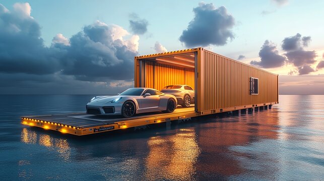 Conceptual design of a shipping container modified to securely transport luxury cars on their journey across the seas Car Shipping Journey, Luxury transport