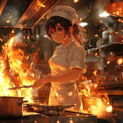 Anime female chef cooking with passion in a lively kitchen