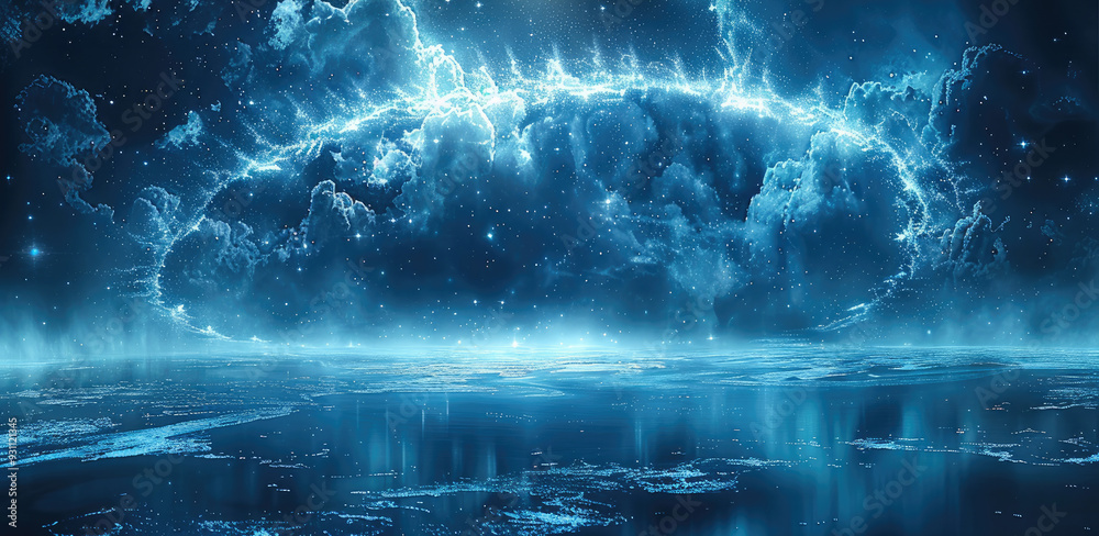 Poster a huge 3d space with a suspended halo in the center, transparent geometry and glowing particles floa