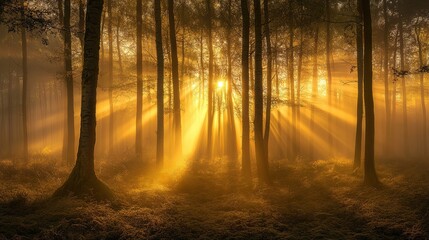Fototapeta premium Golden Sunlight Through Forest Trees at Sunrise