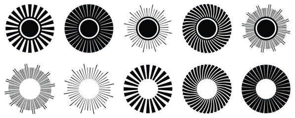 Sunburst element radial stripes or sunburst  Black burst circular background. Starburst sunburst round shape. Vector illustration.