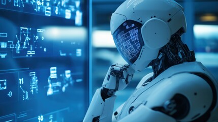 A robot is looking at a computer screen with a blue background. The robot is wearing a white helmet and has a blue face. The robot appears to be thinking or pondering something