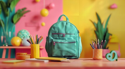 A green backpack with school supplies in front of a pinboard