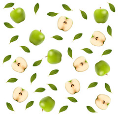 Seamless pattern with green apples and slices. Vector illustration.