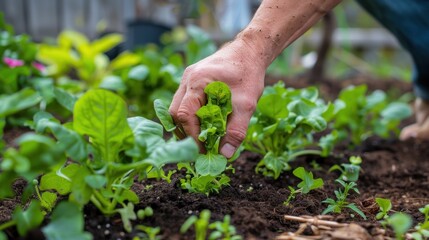 Hand tending to young green plants in soil.